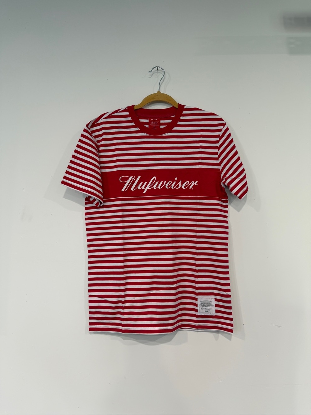HUF Red and White Striped 'Hufweiser' Crew Tee